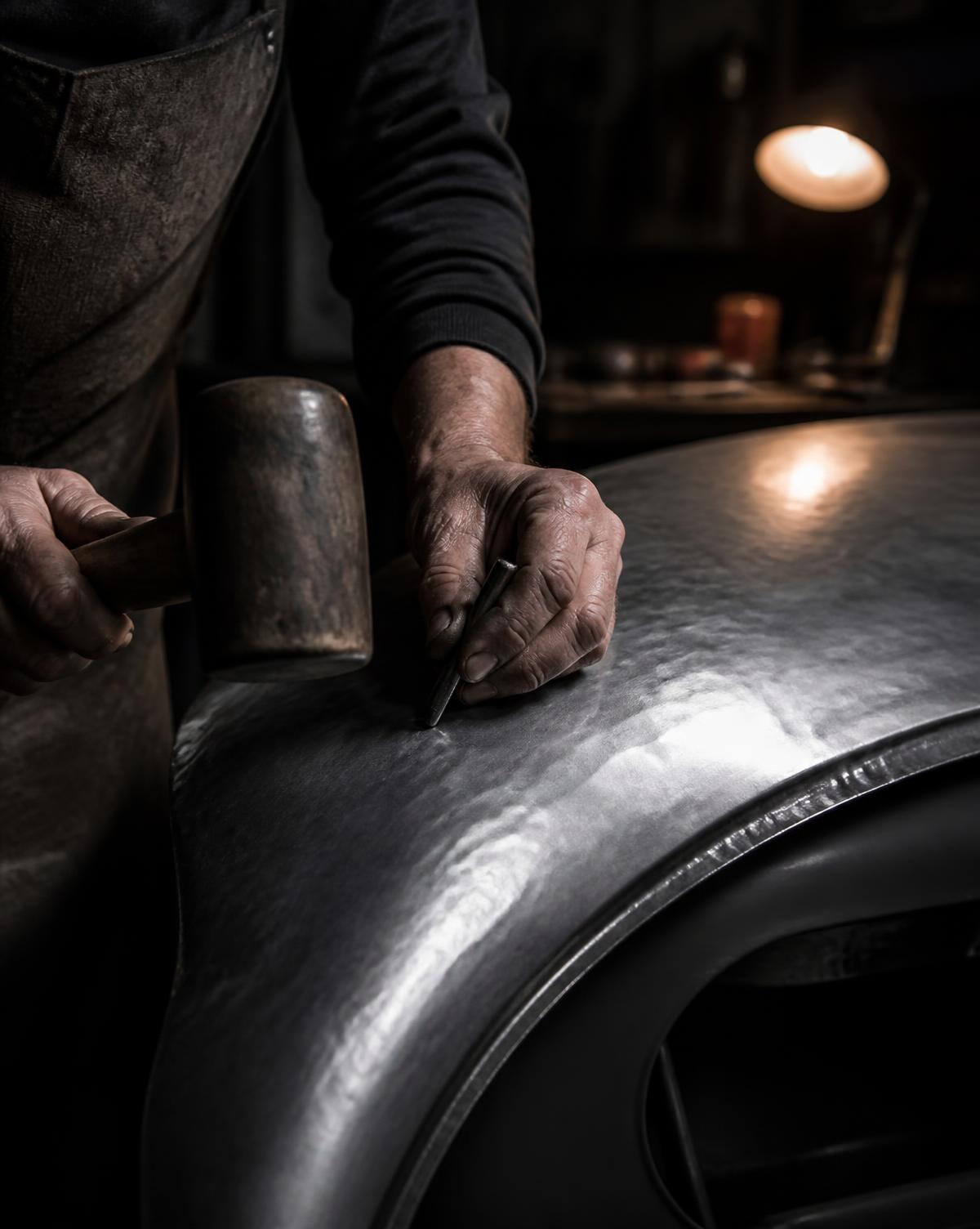 Craftsman planishing an aluminium wing